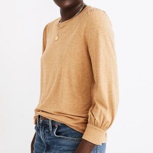 Madewell Avrina Top Gathered Puff Sleeves Crew Neck Yellow Tan Large